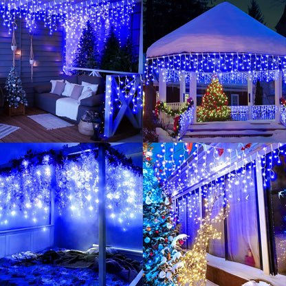 Christmas Lights Outdoor Decorations 1216 LED 99ft 8 Modes Curtain Fairy String Light with 228 Drops, Clear Wire LED String Light Indoor Decor for Wedding Party Holiday Christmas Decoration Blue