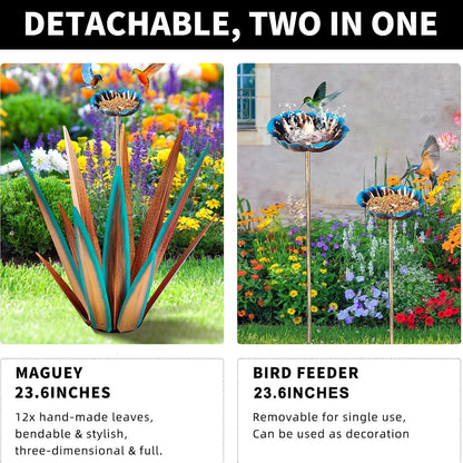 Large Tequila Rustic Sculpture, Rustic Metal Agave Plants for Outdoor, Home Decor Garden Yard Statue (Blue - L (W/Bird Feeder))