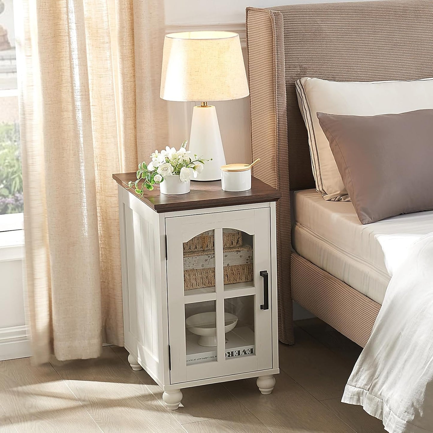 Narrow Side Table Set of 2,White Nightstand with Charging Station,End Table with Glass Barn Door Storage, Cabinet Organizer with Adjustable Shelf, Night Stand for Small Spaces Living Room Bedroom