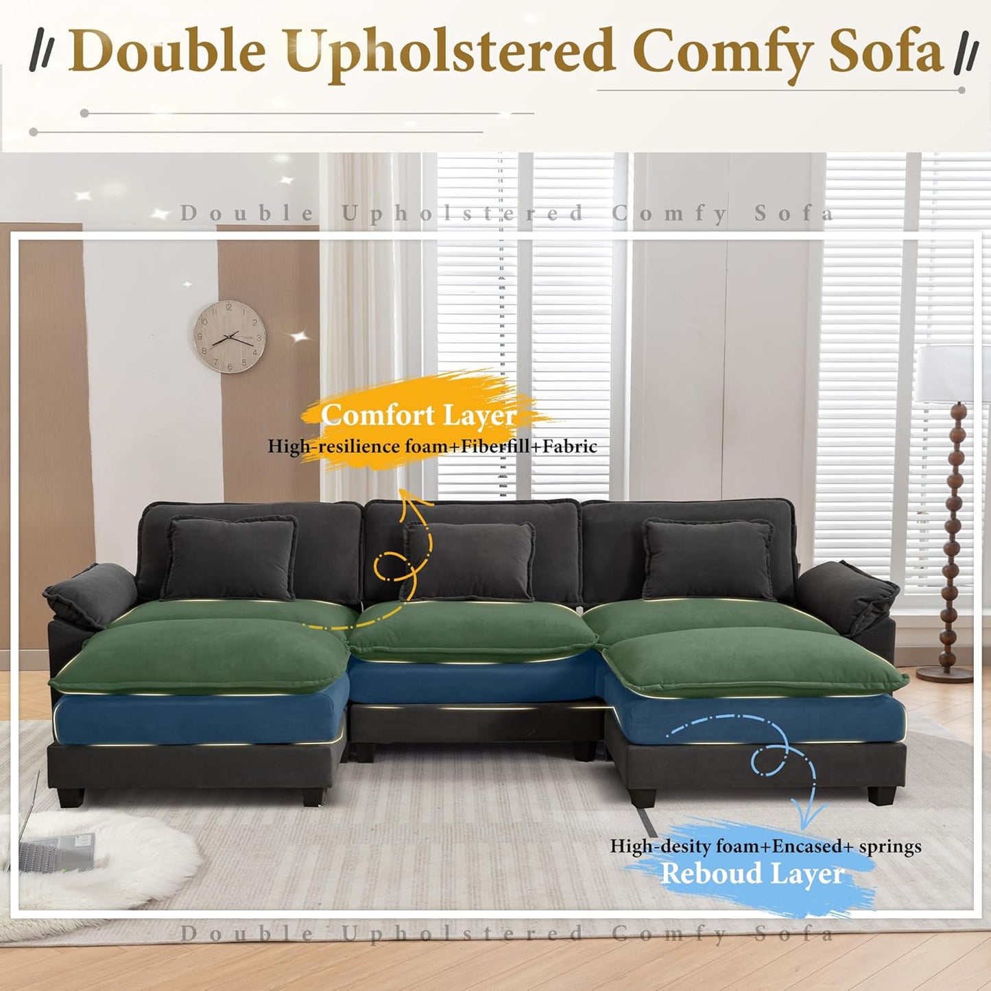 URRED Modular Sectional Sofa Comfy Cloud Couch, Modern Velvet Sofa Sleeper Deep Seat Couches with Ottoman/Pillows for Living Room (Dark Gray, 117'' - U Shape)