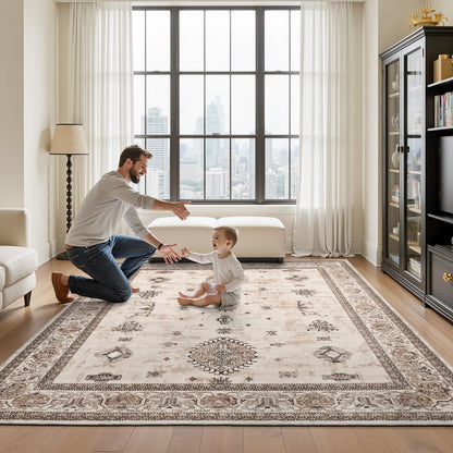 AMOAMI-Vintage Area Rug 8X10 Brown Rugs for Living Room-Soft Living Room Rug Non Slip Rugs for Bedroom Carpet Machine Washable Rug for Dining Room Bedside Office Room Decor