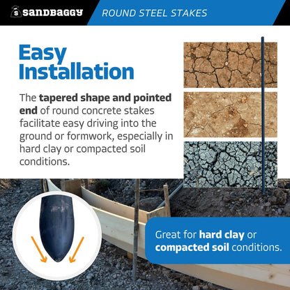 Sandbaggy Round Steel Concrete Form Stakes with Nail Holes - Rust Resistant Coating - Removable, Reusable (25, 3/4 in X 48 in)