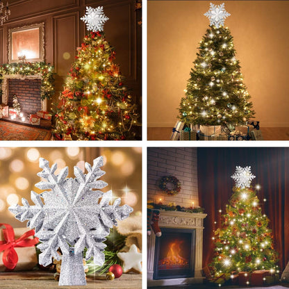 Snowflake Christmas Tree Toppers Lighted, with LED Rotating Snowflake Projector Lights for Indoor Outdoor Christmas Tree Decorations (Silver)