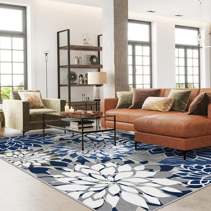 Indoor Outdoor Area Rug Washable Multicolored Patio Rug Tropical Botanical Modern Floral Indoor Outdoor Carpet Blue White Rug Non Slip for Patio, Deck, Backyard, Porch (5x8)