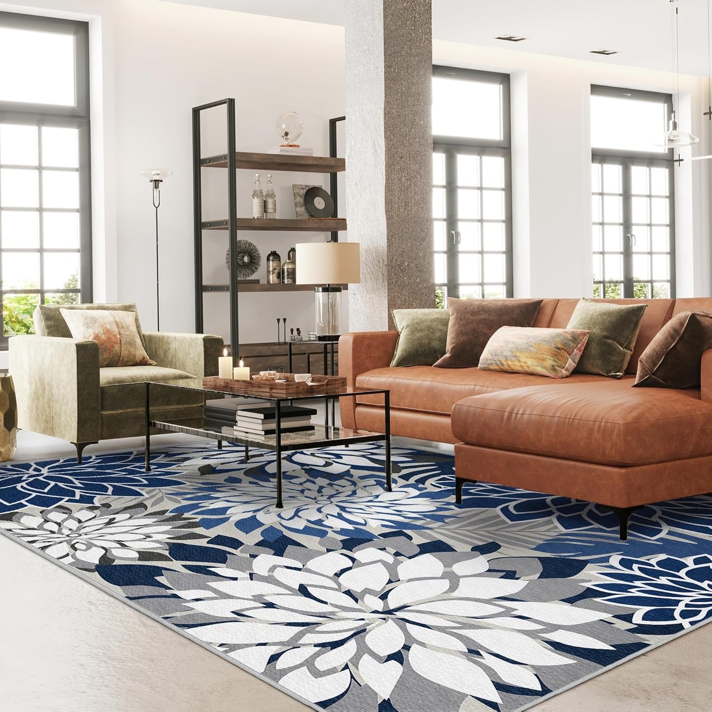 Indoor Outdoor Area Rug Washable Multicolored Patio Rug Tropical Botanical Modern Floral Indoor Outdoor Carpet Blue White Rug Non Slip for Patio, Deck, Backyard, Porch (8x10)