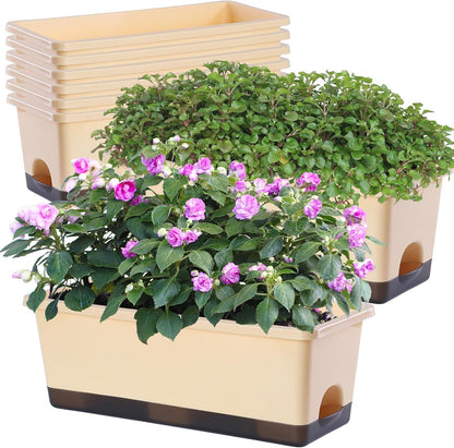 Window Box Planter 8 Pcs, 17 Inches Rectangle Flower Pots with Drainage Holes and Trays, Vegetable Planters for Windowsill Patio Garden Balcony Home Porch Yard Indoor Outdoor (Barley Yellow)