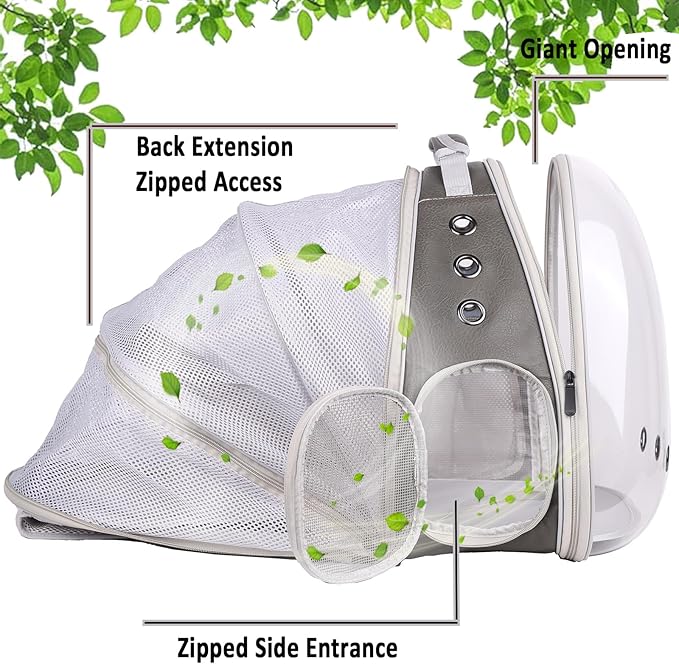 halinfer Expandable Carrier Backpack for Kitten Bunny and Small Puppy, Vented Transparent Space Capsule Astronaut Cat Bubble Window, PU Leather Grey Vet Carry Bag