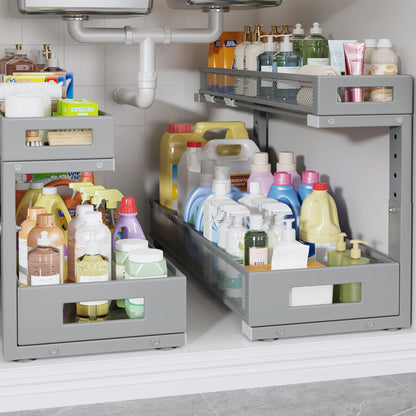 2 Pack 20.47IN Depth Under Sink Storage Organizer, Large 2-Tier Elegant Mesh Pull Out Shelf for Kitchen and Bathroom Cabinet Organization, L-Shaped and Adjustable Height Design-Gun Gray