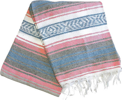 Del Mex Classic Mexican Blanket, Large Authentic Woven Falsa Throw (70"x50"), Artisan Southwest Décor for Beach, Yoga, Outdoors (Light Pink/Blue)