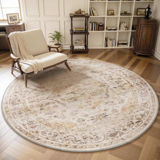 AMOAMI-6FT Round Rug-Rugs for Living Room-Vintage Soft Beige Rugs for Bedroom-Non Slip Circle Rug-Machine Washable Rug for Dining Room Living Room Bedroom Office Under Table