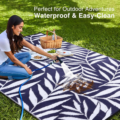 OLANLY Waterproof Outdoor Rug 6x9 ft, Reversible Outdoor Plastic Straw Rug with Leaf Pattern, RV Mat, Indoor Outdoor Carpet for Patio, Camping, Balcony, Deck, Backyard, Navy & White