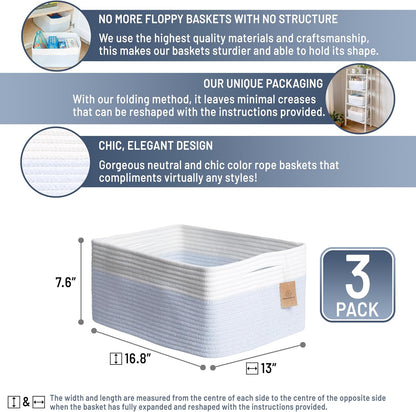 NaturalCozy Storage Baskets 16.8”x13”x7.6” Cotton Rope Woven Baskets for Organizing 3-Pack | Toy Storage Bins | Basket for Shelves, Laundry, Blanket, Clothes, Closet, Kitchen, Bathroom, Gifts