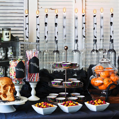 GenSwin Flameless Taper Candles with Remote Timer, 6Pcs LED Flickering Taper Candles Battery Operated Real Wax with Spider Webs/Skull/Bats Decals for Halloween Spooky Decoration (White, 0.78”x9.65”)