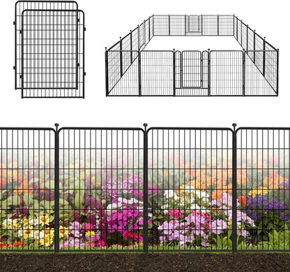 Decorative Black Metal Fencing Garden Fence with Gate, 50ft(L) 40in(H) 22 Fence Panels No Dig Fence Rustproof Animal Barrier Fence Temporary Dog Panels Fencing Outdoor