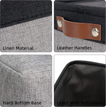 DULLEMELO Fabric Bathroom Storage Bin with Leather Handles, Narrow Organizer for Towels, Toilet Paper Rolls, Storage Basket for Back of Toilet, Vanities, Shelves & Cabinets (Black&Gray)