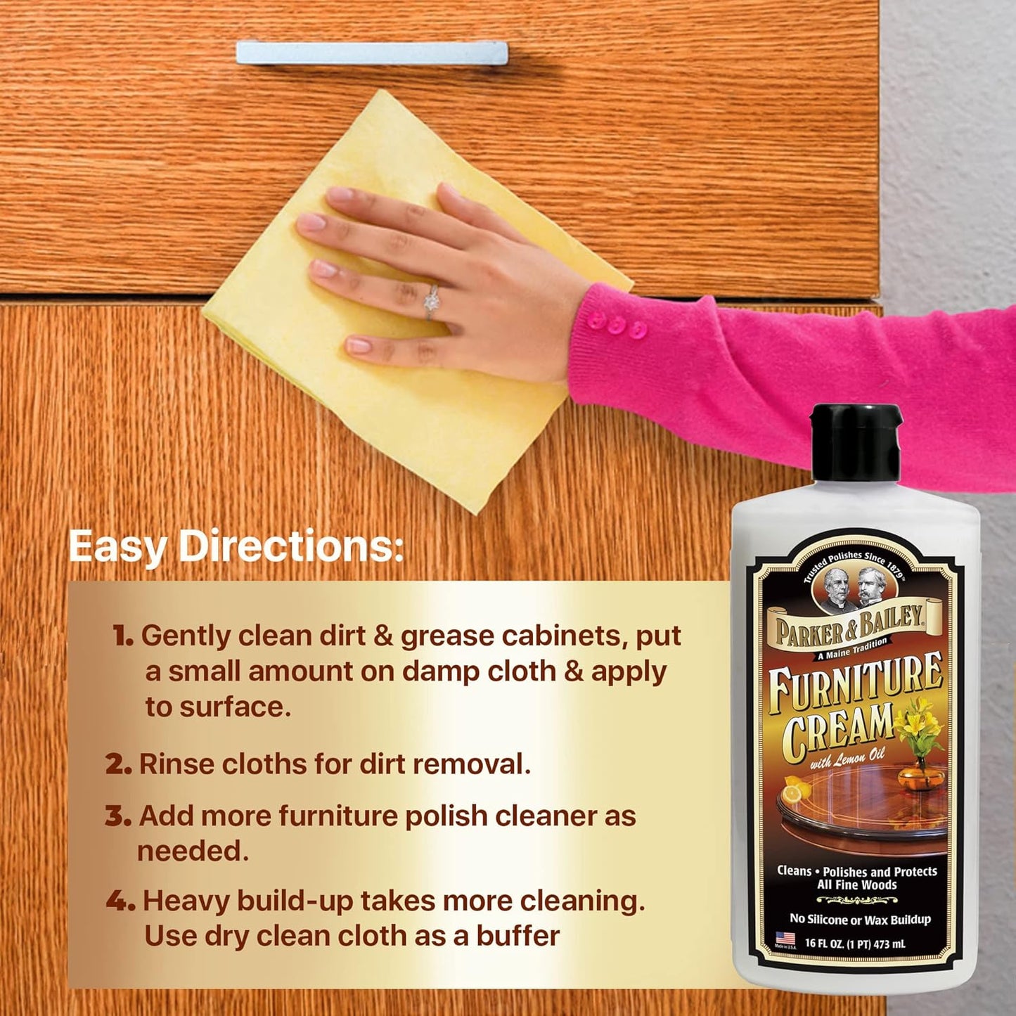 PARKER & BAILEY FURNITURE CREAM - Multisurface Wood Cleaner And Polish Furniture Quick Shine Restorer Protector Kitchen Cabinets Surface Cleaner House Cleaning Supplies Home Improvement, 16oz