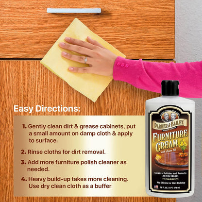 PARKER & BAILEY FURNITURE CREAM - Multisurface Wood Cleaner And Polish Furniture Quick Shine Restorer Protector Kitchen Cabinets Surface Cleaner House Cleaning Supplies Home Improvement, 16oz