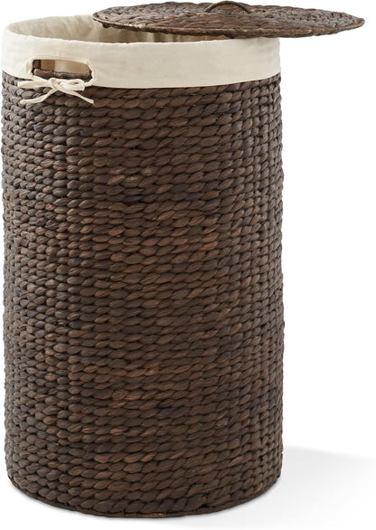 Casafield Round Laundry Hamper with Lid and Removable Liner Bag - Espresso, Woven Water Hyacinth Wicker Laundry Basket for Clothes and Towels