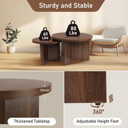 Round Nesting Coffee Tables Set of 2, Modern Stacking Table with Wood Grain Finish, End Table Side Tables for Living Room (Walnut)