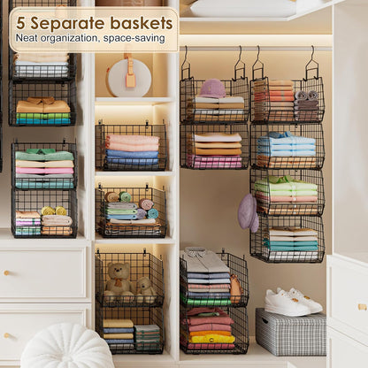Deeper 4'' Design 5 Tier Foldable Hanging Closet Organizer and Storage，Wire Cabinet Shelves and Rack with 5 S Hooks,Stackable Metal Basket Bins for Clothes Shoe Purse,Holder for Wardrobe Dorm,Black