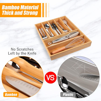 Bellsal Bamboo Silverware Drawer Organizer, Kitchen Utensil Drawer Organizers, 12"x15.7" Utensils Holder Cutlery Tray with Grooved Drawer Dividers for Kitchen Flatware Bedroom Office(7 Slot, Natural)