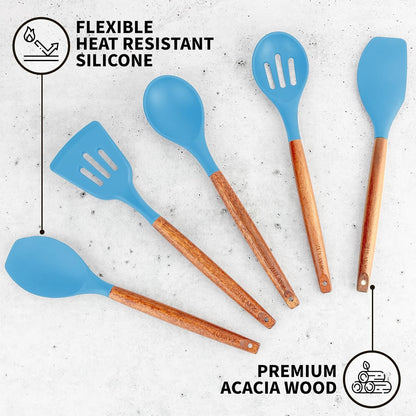 Zulay Kitchen Non-Stick Cooking Utensils Set with Authentic Acacia Wood Handles – 5-Piece Durable & Stylish Silicone Kitchen Utensils Set – Heat Resistant to 464°F – Blue