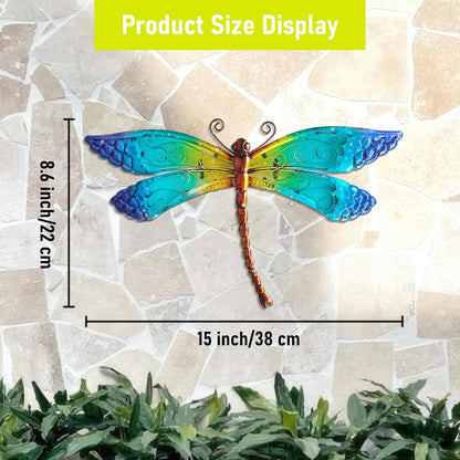 POXOHO Handmade Metal and Glass Dragonfly Wall Decor - Outdoor Garden Fence Art - 15 * 8.6 inches Rustic Scenic Wall Art for Patio, Bedroom, Bathroom Vivid Hanging Decoration