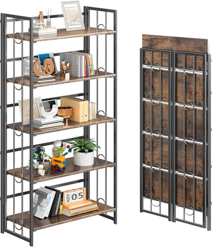 4NM No Assembly 5 Tiers Folding Bookshelf, 59.4" H Foldable Storage Shelves Vintage Bookcase Standing Racks Study Organizer Home Office - Rustic Brown Black