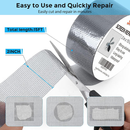 Grey Window Screen Repair Tape, 2IN X 15FT (180IN) Screen Repair Kit for Windows or Doors, Strong Adhesive Patch Kit Fiberglass Mesh Tape