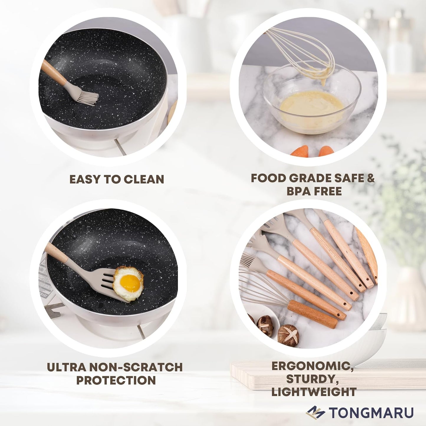 Silicone Cooking Utensils Set, Premium Beech Wood Handle Kitchen Gadgets Utensil Set, Non-Stick Kitchen Utensils Spatula, Tongs, Turner, Whisk, Brush, Spoon, BPA FREE, 446°F Resistant (Khaki)