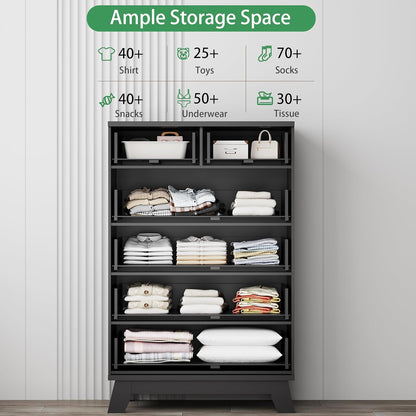 Fluted Dresser for Bedroom with 6 Drawers, 46" Tall Modern Chest of Drawers with Metal Handle, Wooden Dresser TV Stand, Wood Closet Clothes Storage Organizer for Living Room, Hallway, Black