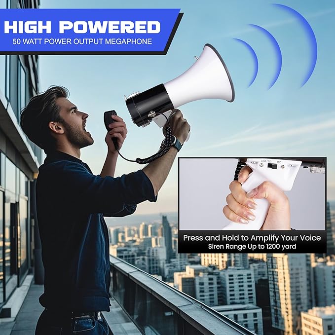 MyMealivos 50W Bluetooth Megaphone with Rechargeable Battery-Professional Bullhorn with Siren&240s Recording Supports USB/SD/3.5mm Aux-1600ft Range for Sports Police Emergency Outdoor Activities