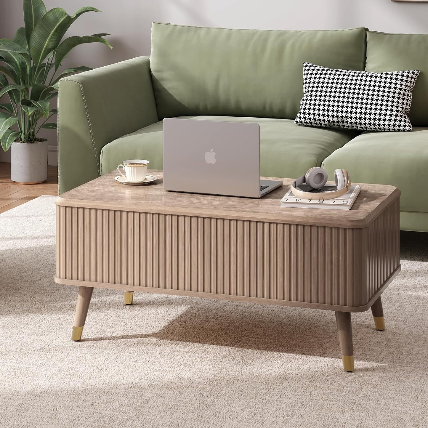 Lift Top Coffee Table with Storage Shelf & Hidden Compartment, Mid Century Modern Fluted Rectangle Dining Table for Living Room, Home Office, Natural Oak