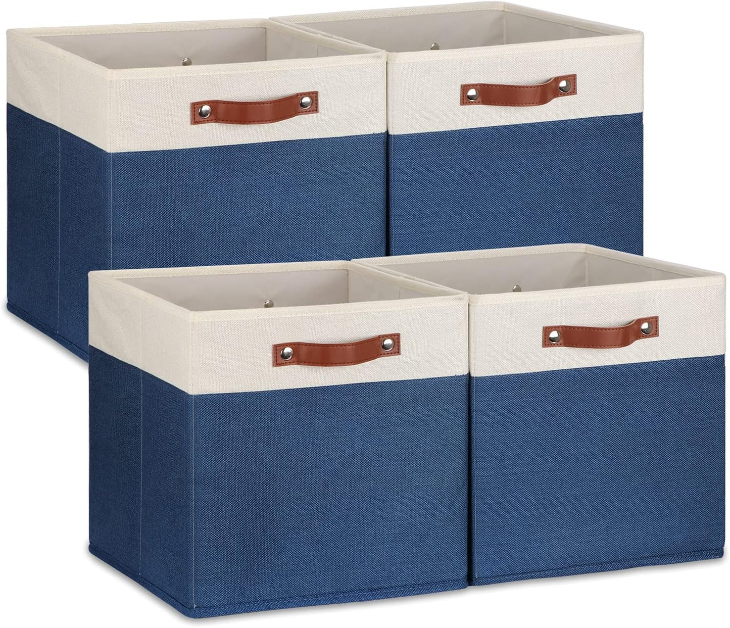 Temary Fabric Storage Bins for Cube Organizer 4 Pack Cube Storage Bins 13 Storage Cubes for Shelves Storage Baskets for Organizing Books, Clothes, Towels (White & Blue, 13x13x13 Inch)