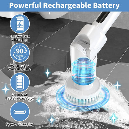 Electric Spin Scrubber - Cordless Cleaning Brush with Digital Display, 2 Speeds, 8 Brush Heads, IPX7 Waterproof, Adjustable Long Handle for Bathroom, Tub, Tile, Shower, and Car（Grey）