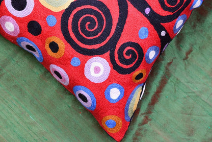 Klimt Tree of Life Pillow Cover | Red Floral Pillowcase | Flower Accent Pillows |Suzani Cushions | Flower Pillows | Modern Floral Cushion Cover | Hand Embroidered Wool Size - 18x18