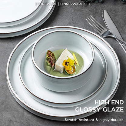 Onader Stoneware Dinnerware Sets, 12 Piece Plates and Bowls Dish Sets for 4, Ceramic Dishware Dining Ware with Rustic Terracotta Bottom - Glacier White