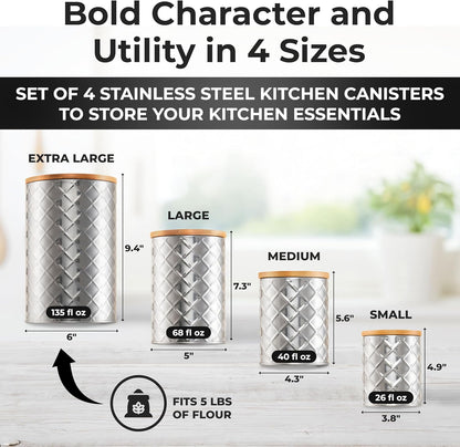 Pebble & Stem® Silver Stainless Steel Canister Set for Kitchen Counter, Food-Grade Canister Set of 4, Airtight Lids, Sugar and Flour Containers for Countertop, Coffee and Tea Storage, Farmhouse Decor