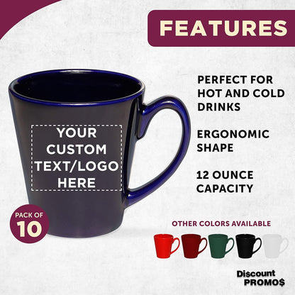DISCOUNT PROMOS Custom Glossy Ceramic Latte Coffee Mug 12 oz. Set of 10, Personalized Bulk Pack - Perfect for Tea, Espresso, Cappuccino, Hot Cocoa - Blue