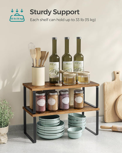 SONGMICS Cabinet Organizer Shelf, Set of 2 Kitchen Counter Shelves, Kitchen Storage, Spice Rack, Stackable, Expandable, Metal and Engineered Wood, Ink Black and Rustic Brown UKCS200X01