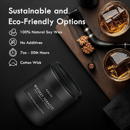 Whiskey Tobacco Candle | Masculine Candles for Men, Soy Candles for Home Scented, Manly Gifts Tobacco Candle for Home - Gifts for Men, 7oz Black Jar