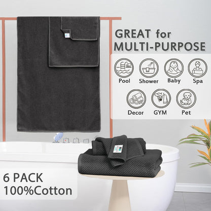 VOOVA & MOVAS Gray Towels - 100% Cotton | Lightweight | Quick Dry | Thick | Soft, Towel Set of 6, 2 Large Bath 30" x 56", 2 Hand 18" x 28", 2 Washcloths 13" x 13", Towel Gift Set, Dark Grey