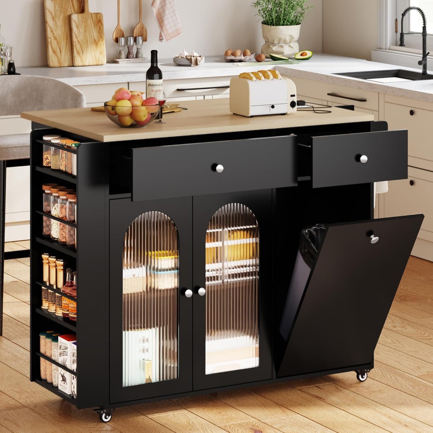 Kitchen Island with Drop Leaf & Power Outlet, Rolling Kitchen Island on Wheels with Trash Can Storage, Island Table Bar Cart with Spice Rack, Towel Rack, Drawers, Mobile Kitchen Carts on Wheels