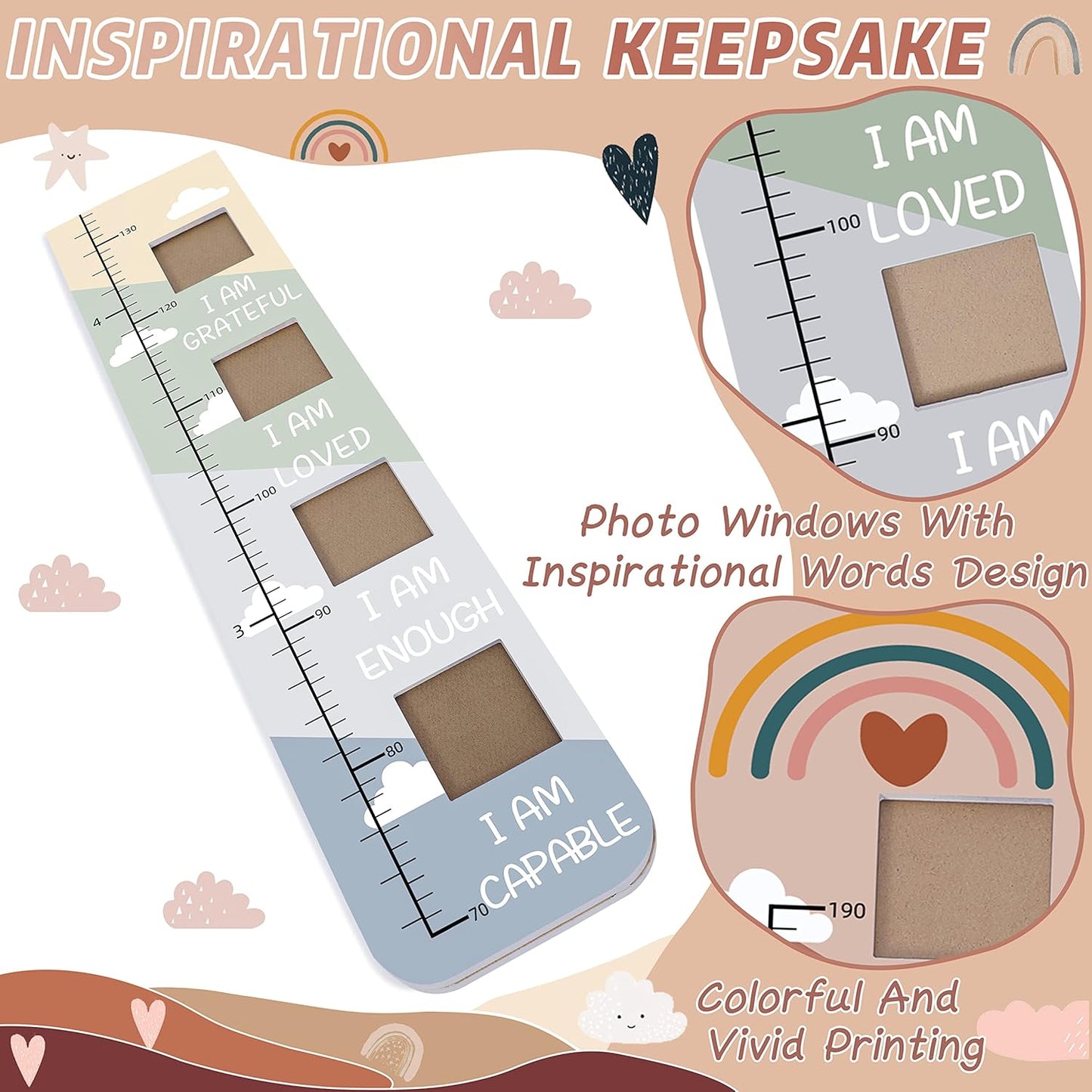 Solid Wood Inspirational Growth Chart for Kids with Photo Windows, Motivational Height Chart for Kids, Foldable Kids Height Wall Chart Milestone Marker, Positive Birthday Gift for Girls Room Decor