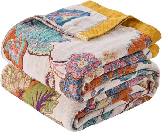 Summer Boho Throw Blanket for Bed, Multi Reversible Blanket Washable Breathable,Lightweight 4-Layer King Size Quilt for Bed,Floral Birds, 100% Cotton Muslin Large Travel Throw Blanket,90"x98"