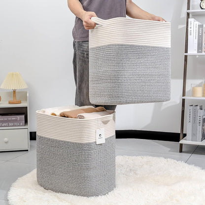 Storage Baskets for Clothes Fabric Cotton Rope Storage Basket with Handles, Decorative Woven Basket for Living Room,Closet Organizer Blankets, and 2bags (Silver Gray, L17.8×W12.5×H17.9)