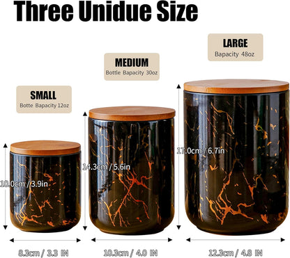 Ceramic Canister Set with Bamboo Airtight Lids, 3-Piece Kitchen Storage Jars (48oz, 30oz, 12oz) – Black with Gold Marble Pattern, Glossy Finish, for Coffee, Sugar, Flour & More