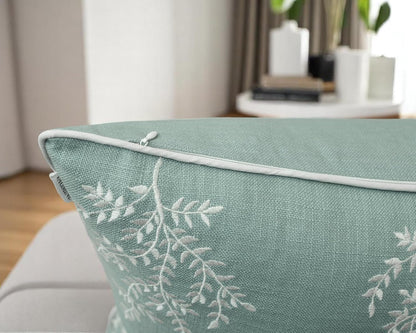 VAGMINE Embroidered Leaves Throw Pillow Cover - 20x20 Inches Square - 100% Cotton Light Teal Cushion Cover - Elegant Leaf Embroidery - Soft Boho Accent for Sofa, Lounge, Contemporary Décor
