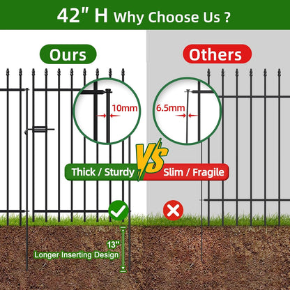 Metal Garden Fence with Gate 42 in H x 11.5 ft L, 1 Gate + 4 Panels Border Fence Panels Animal Barrier for Dogs, No Dig Garden Fencing for Yard Patio Flower Bed Lawn Outdoor, Black