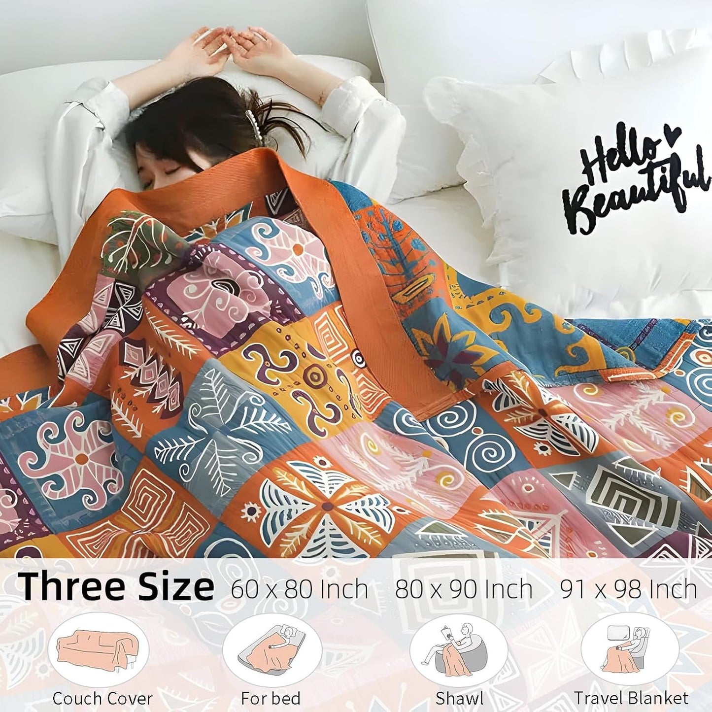 Boho Throw Blanket for Bed - 100% Pure Cotton Ultra Soft Rustic Quilt - Farmhouse Decor Bed Blankets, All Season Rustic Throw for Sofa Couch Chair(91''x 98'', Art Squares)